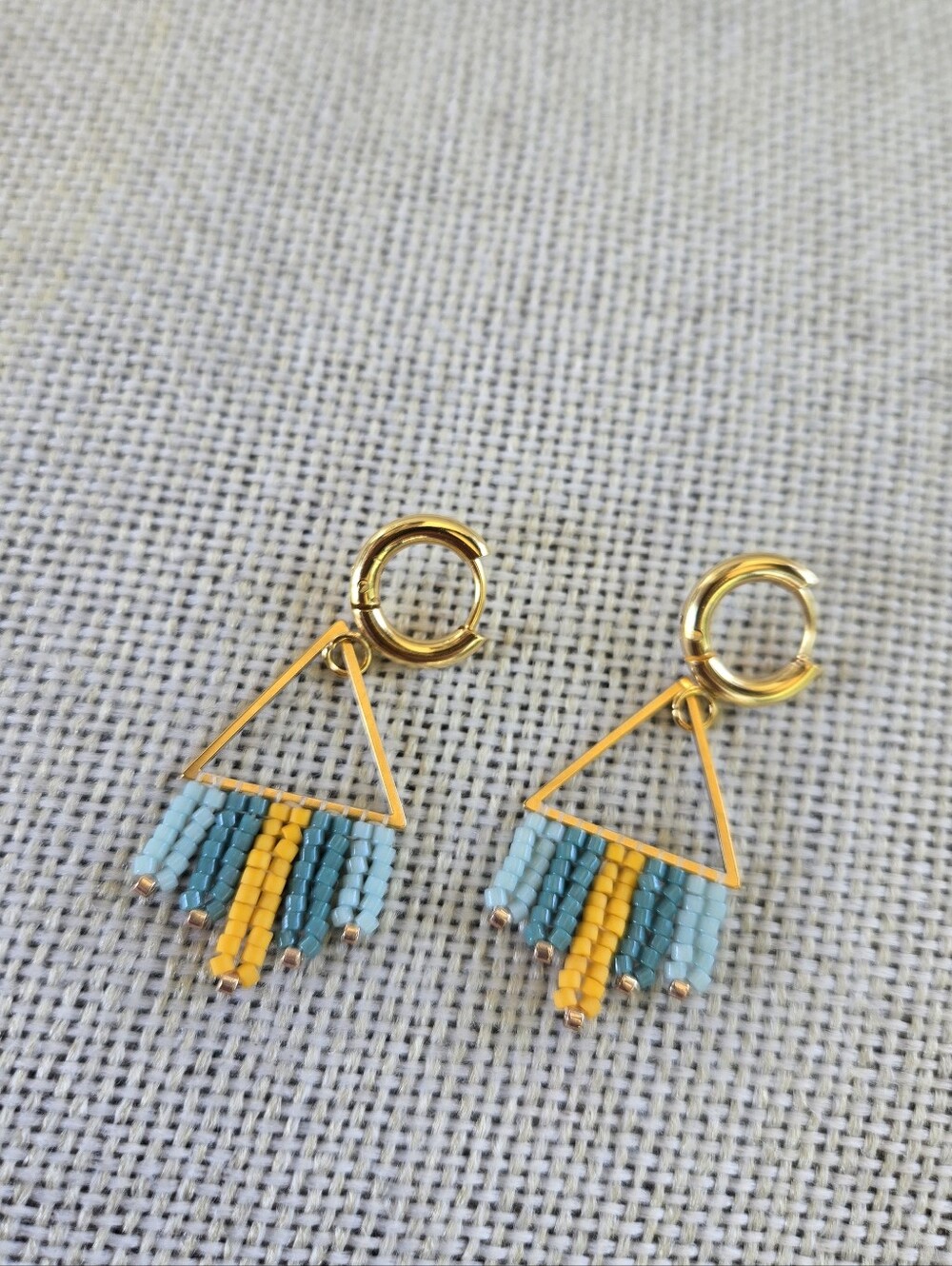 New Handmade Sage Bohème Triangle Drop Earrings On Huggies - Gold, Green, Yellow